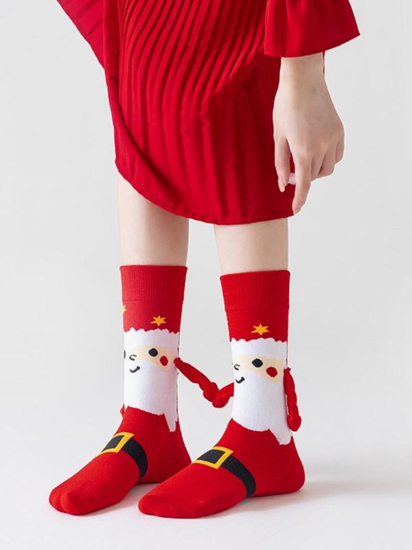 Magnetic Hand Holding Socks, Cartoon Santa Claus & Christmas Tree Pattern Crew Socks, Casual Comfy Breathable Socks for Women