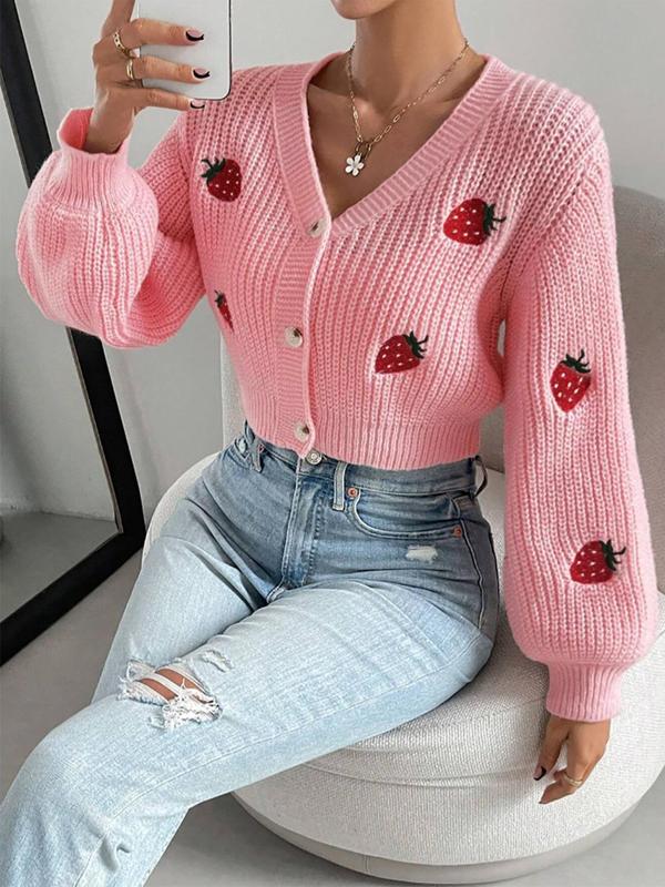 Womenswear Strawberry Embroidery Comfort Button Front Crop Cardigan, Cardigans for Women, Casual Drop Shoulder Long Sleeve V Neck Knitwear for Fall & Winter, Lady Fashion Ladies' Knit Clothing for Daily Wear