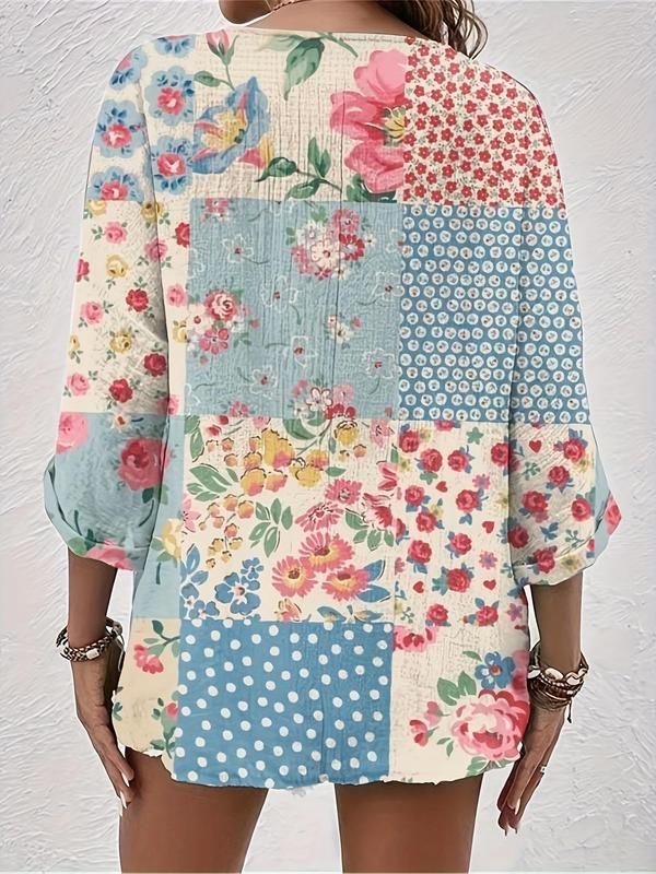 Women's Patchwork Floral Print Button Front Shirt, Boho V Neck Rolled 3 4 Sleeve Top for Beach Vacation Holiday, Fall Clothing Women, Going Out Tops, Ladies Clothes for All Seasons, Womenswear Blouse