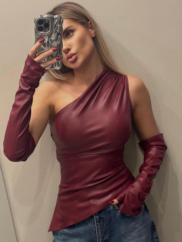 Women's Solid Color One Shoulder PU Tank Top with Gloves, Elegant Fashion Casual Asymmetrical Hem Sleeveless Top for Daily Outdoor Wear, Ladies Clothes for All Seasons