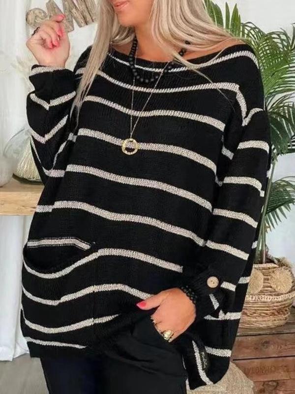 Women's Striped Print Drop Shoulder Pocket Sweater, Casual Long Sleeve Round Neck Jumper for Fall, Sweaters for Women, Fashion Ladies' Knitwear for Daily Wear, Downtown Girl Clothes