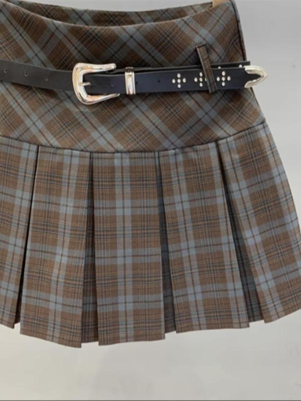 Women's Plaid Print Belted Pleated Skirt, Y2K Fashion High Waist Short Skirt for Daily Outdoor Wear, Women's Bottoms for All Seasons