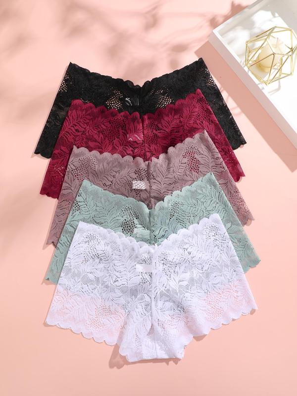 Women's 5pcs Solid Scallop Trim Hollow Out Lace Panty, Casual Womenswear Elegance Comfy Breathable Knicker for Lady Daily Wear, Women's Comfortable Panties Underwear for All Seasons