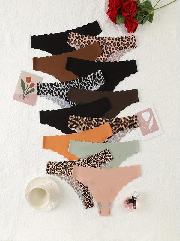 Women's Plain leopard Print Scallop Trim Seamless Thong, Casual Comfy Breathable Panty,  Underwear for Women, Summer Knicker, Underwear for All Seasons