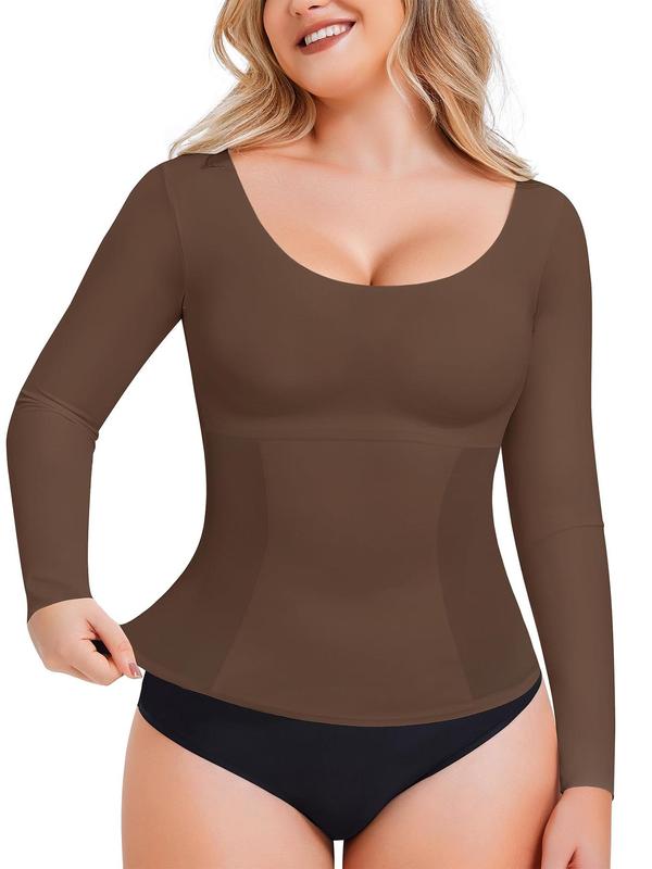 Women's Solid Long Sleeve Shapewear Top, Tummy Control Shaper,  Waist Trainer Women, Compression Tanks for Women,  Scoop Neck Top