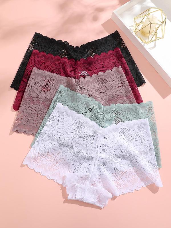 Women's 5pcs Solid Scallop Trim Hollow Out Lace Panty, Casual Womenswear Elegance Comfy Breathable Knicker for Lady Daily Wear, Women's Comfortable Panties Underwear for All Seasons