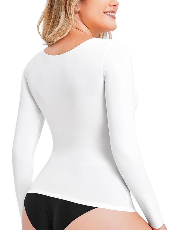 Women's Solid Long Sleeve Shapewear Top, Tummy Control Shaper,  Waist Trainer Women, Compression Tanks for Women,  Scoop Neck Top
