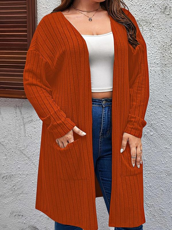  Solid Pocket Ribbed Cardigan, Casual Drop Shoulder Long Sleeve Open Front Outerwear for Spring & Fall, Gift Set, Fall Sweaters for Women, Women's Clothes for Daily Wear Christmas