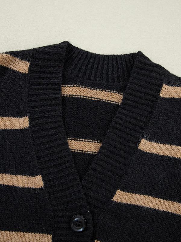 Women's Colorblock Striped Print Button Front Sweater Cardigan, Casual Drop Shoulder Long Sleeve V Neck Cardigan for Fall & Winter, Women's Knit Clothing for Daily Wear