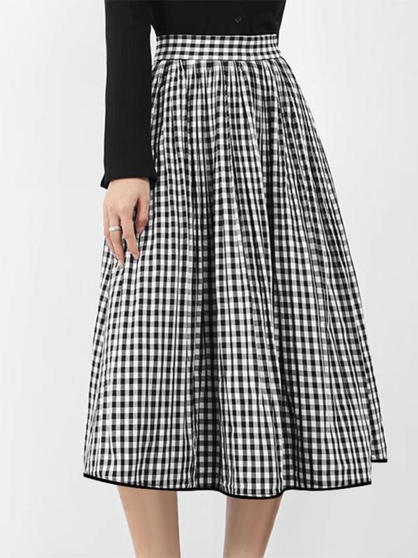 Women's Plaid Print Pocket Elastic Waist A Line Skirt, Casual Fashion High Waist Midi Skirt for Daily Wear, Ladies Bottoms for All Seasons