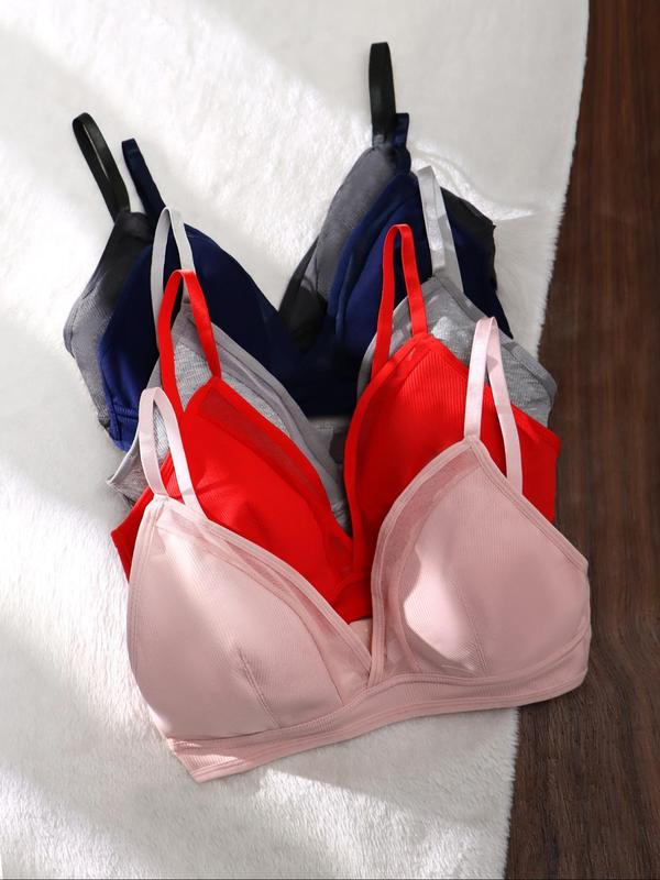 Women's Solid Color Contrast Mesh Bra, Breathable Comfortable High Stretch Buckle Back Lingerie Top, Lingerie for All Seasons