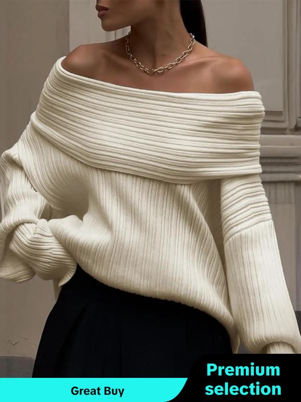 Women's Solid Off Shoulder Ribbed Sweater, Casual Drop Shoulder Long Sleeve Jumper for Fall & Winter, Sweaters for Women, Women's Knitwear for Daily Wear