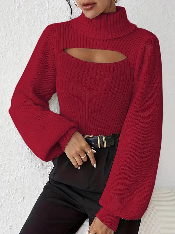 Women's Cut Out Lantern Sleeve High  Neck Sweater, Elegant Fashion Long Sleeve Jumper for Daily Outdoor Wear, Women Knitwear for Fall & Winter