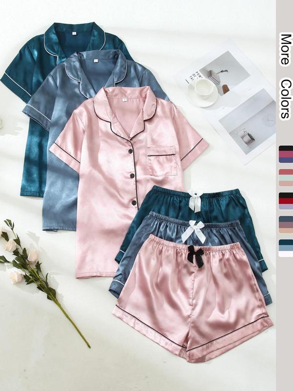 6 Counts Women's Halloween Christmas Theme Satin Contrast Binding Pyjama Set for Christmas Gifts, Back To School Minimalist Shortsleeve Sleep Shirt & Bow Decor Shorts, Christmas Pajamas, Lady Homewear Pjs Set, Fall Wear 2024, Birthday Wear Black Girl