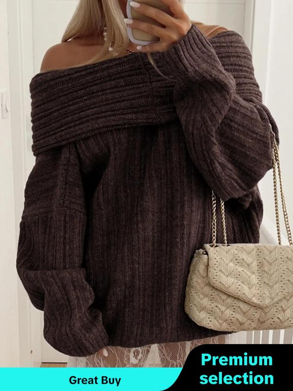 Women's Solid Off Shoulder Ribbed Sweater, Casual Drop Shoulder Long Sleeve Jumper for Fall & Winter, Sweaters for Women, Women's Knitwear for Daily Wear