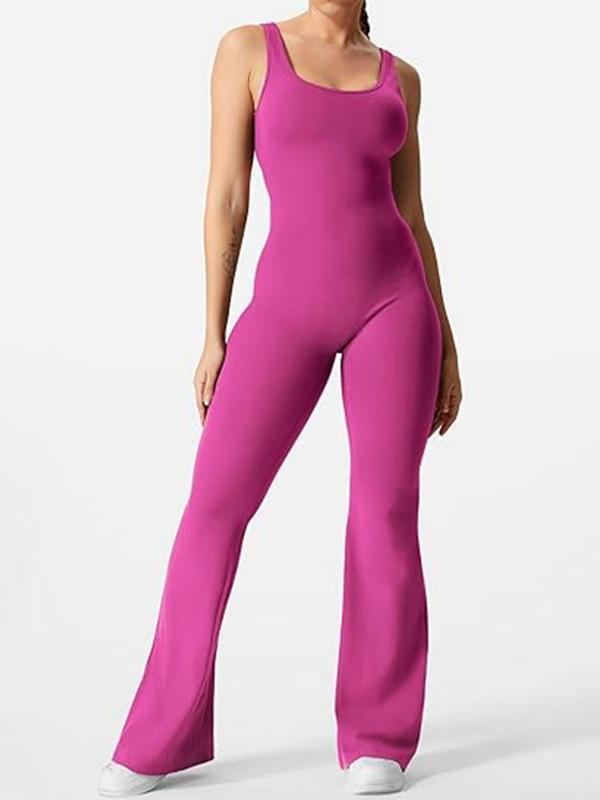 Women's Back To School Plain Cut Out Backless Ruched Scoop Neck Flare Leg Jumpsuit, Jumpsuit for Women, Overalls for Women, Casual Basic Sleeveless Skinny Jumpsuit for Summer, Summer Outfits 2024, Ladies Summer Clothes for Daily Wear