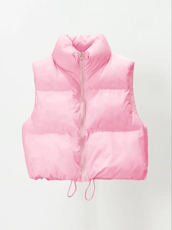 Women's Solid Color Zip Up Stand Collar Crop Vest Winter Coat, Casual Warm Sleeveless Outerwear for Fall & Winter, Women's Clothing for Daily Wear