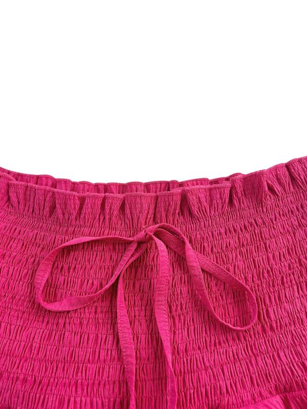 Women's Plain Shirred Frill Trim Wide Leg Shorts, Casual Tie Front High Waist Ruffle Hem Shorts, Womens Shorts, Shorts for Women, Summer Bottoms