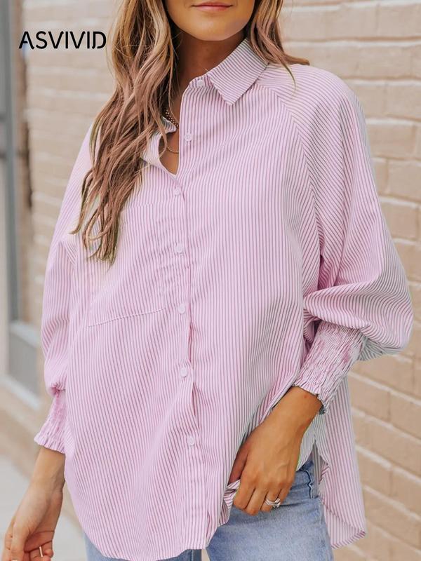 Women's Back To School Striped Print Button Front Frill Trim Raglan Sleeve Pocket Shirt, Fall Clothing Women, Going Out Tops, Shirts for Women, Casual Long Sleeve Shirred High Low Top for Daily Wear, Fall Tops  Preppy 80s Clothes