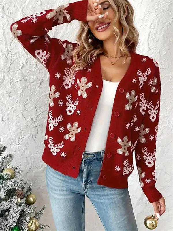 Women's Christmas Themed Cartoon Reindeer Embroidery Sweater Cardigan, Casual Drop Shoulder Long Sleeve Button Front Knitwear for Fall & Winter, Women's Knit Clothing for Daily Wear