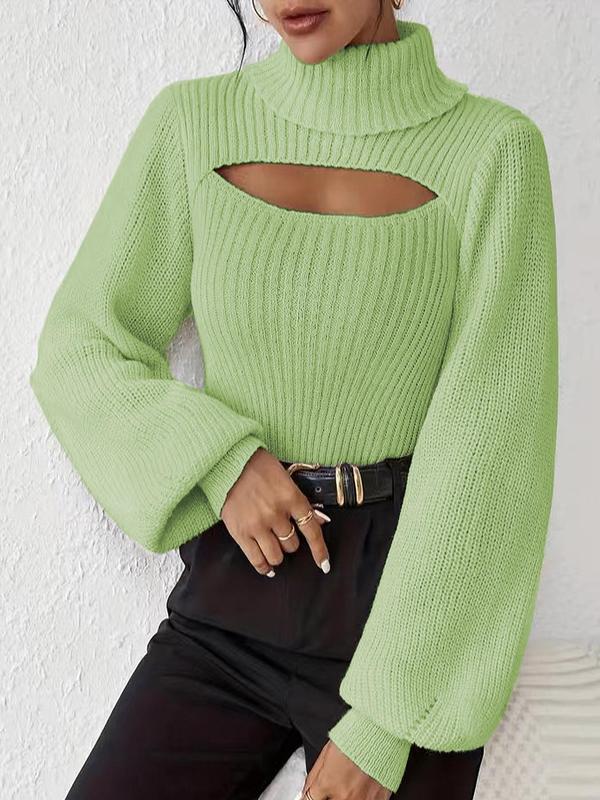 Women's Cut Out Lantern Sleeve High  Neck Sweater, Elegant Fashion Long Sleeve Jumper for Daily Outdoor Wear, Women Knitwear for Fall & Winter