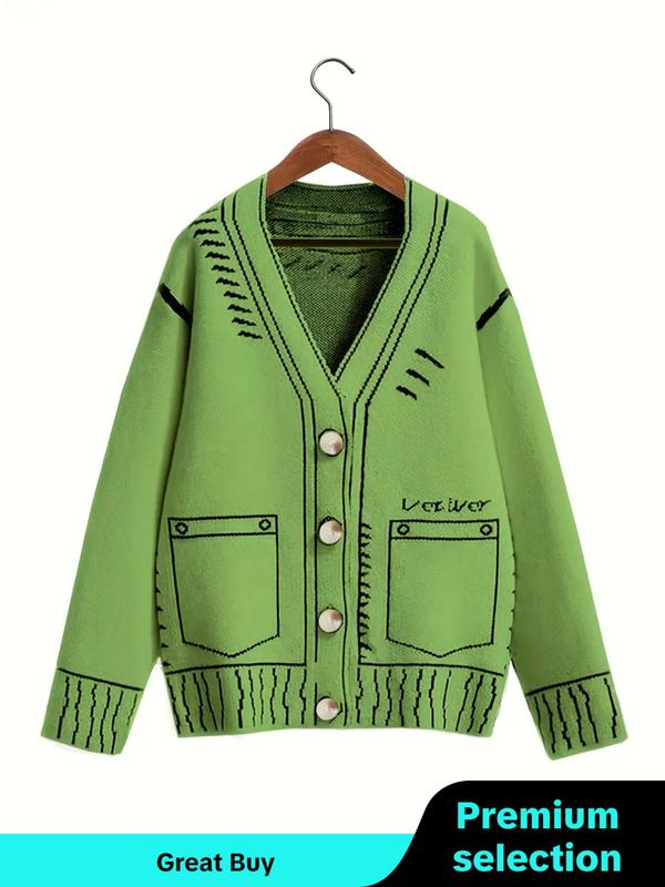  Graphic Print Button Front V Neck Cardigan, Knitting Womenswear, Comfort Drop Shoulder Long Sleeve Cardigan for Fall & Winter, Women's Knitwear for Daily Wear, Sweaters for Fall, Cardigan for Women, Going Out Outfits 2024