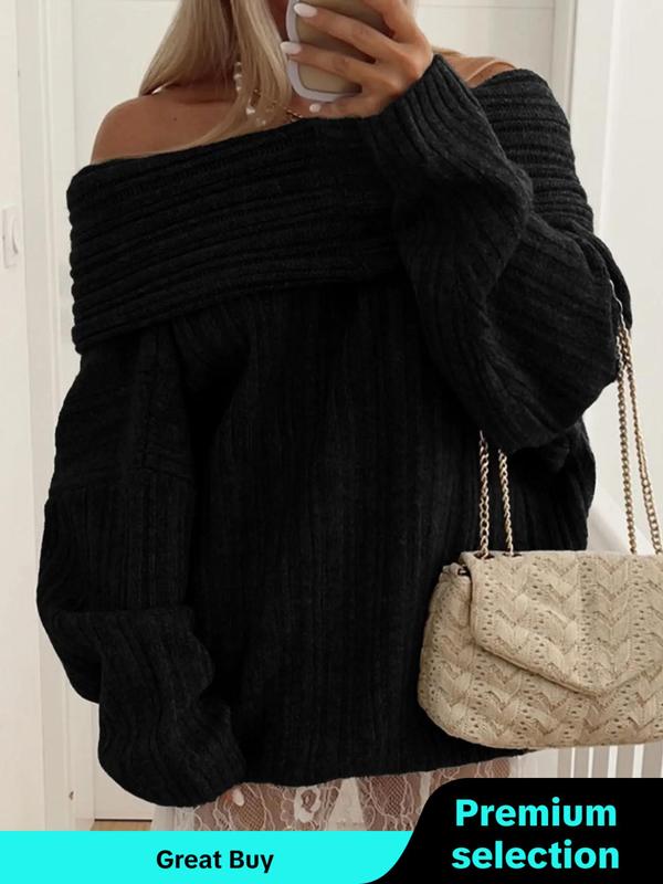 Women's Solid Off Shoulder Ribbed Sweater, Casual Drop Shoulder Long Sleeve Jumper for Fall & Winter, Sweaters for Women, Women's Knitwear for Daily Wear