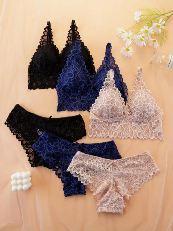 Women's Contrast Lace Flower Pattern Bra & Panty Set, Adjustable Strap Wireless Lingerie Top & Panty, Soft Comfy Breathable Underwear Set for Women