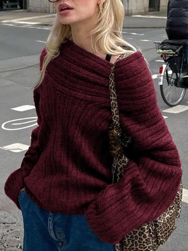 Women's Solid Off Shoulder Ribbed Sweater, Casual Drop Shoulder Long Sleeve Jumper for Fall & Winter, Sweaters for Women, Women's Knitwear for Daily Wear