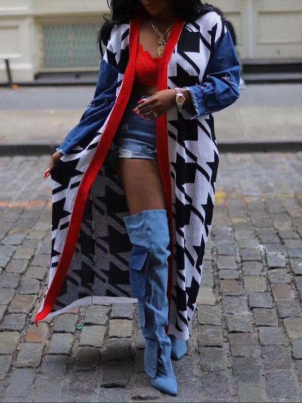 Women's Houndstooth Patchwork Print Drop Shoulder Longline Cardigan, Casual Long Sleeve Open Front Knitwear for Fall & Winter, Fashion Ladies' Knit Clothing for Daily Wear