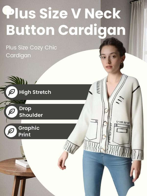  Graphic Print Button Front V Neck Cardigan, Knitting Womenswear, Comfort Drop Shoulder Long Sleeve Cardigan for Fall & Winter, Women's Knitwear for Daily Wear, Sweaters for Fall, Cardigan for Women, Going Out Outfits 2024