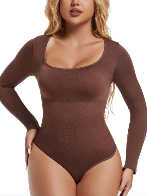 Women's Solid Square Neck Shapewear Bodysuit, Casual Comfy High Stretch Seamless Shaper, Fall Body Shapewear, Ladies Shapewear Clothes for Daily Wear, Fall Wear Black Girl