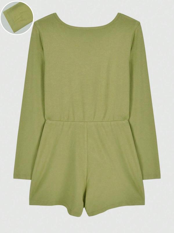 Women's Plain Cut Out Ruched Romper, Casual Long Sleeve Romper for Spring & Fall, Women's Clothes for Daily Wear