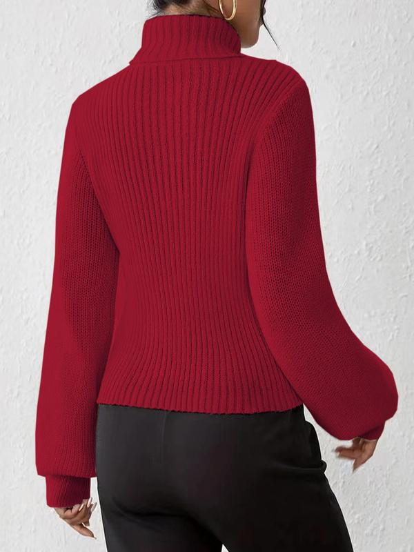 Women's Cut Out Lantern Sleeve High  Neck Sweater, Elegant Fashion Long Sleeve Jumper for Daily Outdoor Wear, Women Knitwear for Fall & Winter