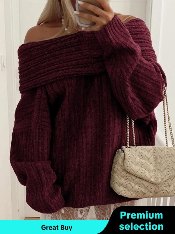 Women's Solid Off Shoulder Ribbed Sweater, Casual Drop Shoulder Long Sleeve Jumper for Fall & Winter, Sweaters for Women, Women's Knitwear for Daily Wear