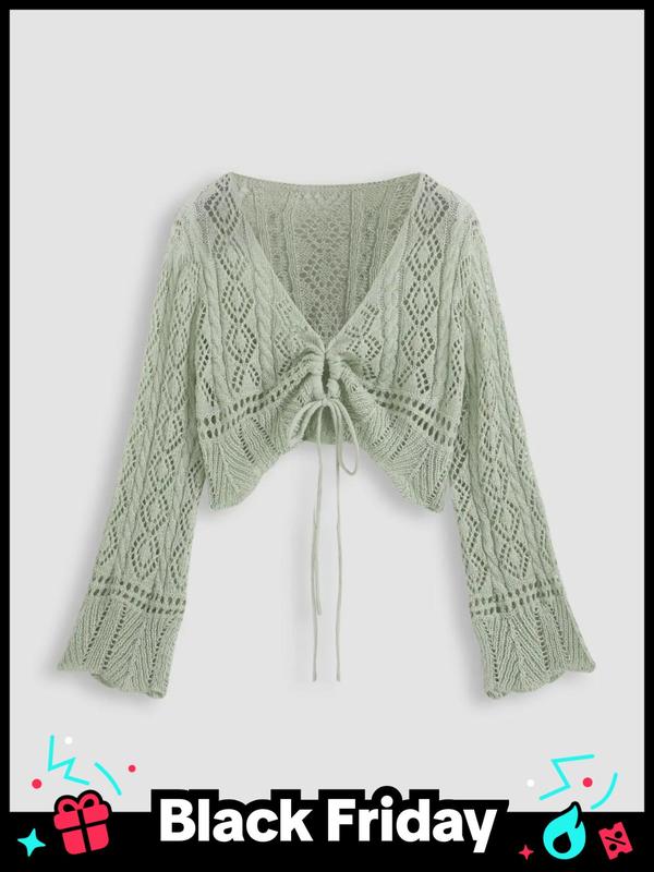  Minimalist Hollow Out Drawstring Long Sleeve Sheer Cardigan, Casual Comfort Flounce Sleeve Knitwear Top for Fall, Cardigan for Women, Fall Outfits, Fallfreshness, Plus Size Clothing, Cardigans for Women, Fall Clothes