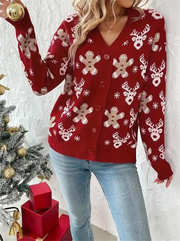 Women's Christmas Themed Cartoon Reindeer Embroidery Sweater Cardigan, Casual Drop Shoulder Long Sleeve Button Front Knitwear for Fall & Winter, Women's Knit Clothing for Daily Wear