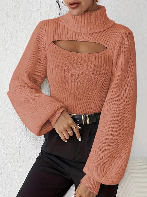 Women's Cut Out Lantern Sleeve High  Neck Sweater, Elegant Fashion Long Sleeve Jumper for Daily Outdoor Wear, Women Knitwear for Fall & Winter