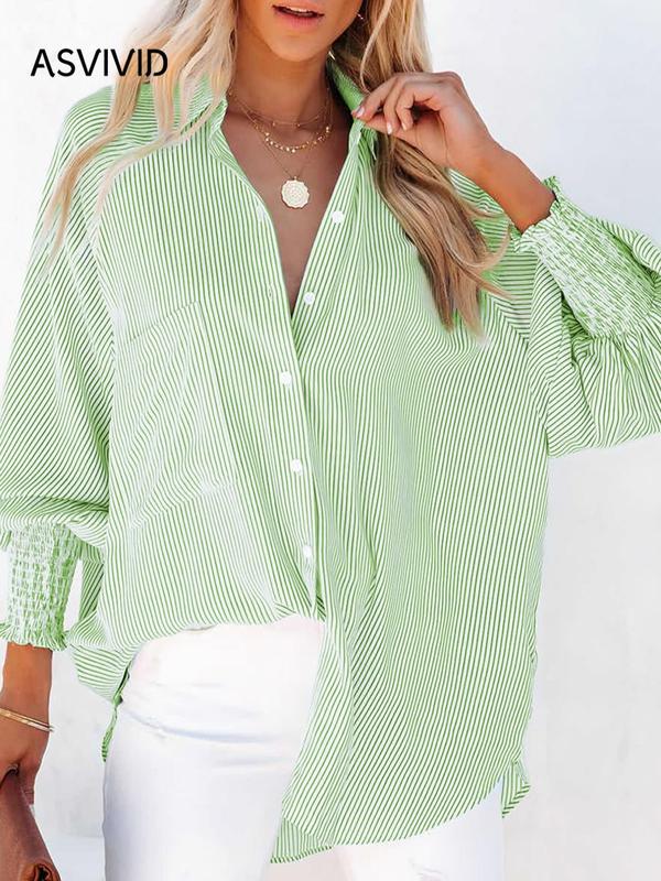 Women's Back To School Striped Print Button Front Frill Trim Raglan Sleeve Pocket Shirt, Fall Clothing Women, Going Out Tops, Shirts for Women, Casual Long Sleeve Shirred High Low Top for Daily Wear, Fall Tops  Preppy 80s Clothes
