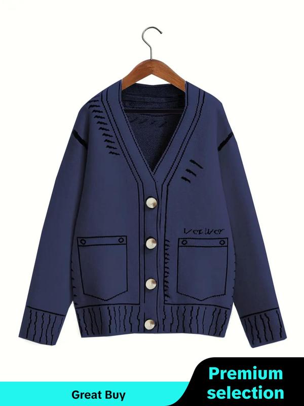  Graphic Print Button Front V Neck Cardigan, Knitting Womenswear, Comfort Drop Shoulder Long Sleeve Cardigan for Fall & Winter, Women's Knitwear for Daily Wear, Sweaters for Fall, Cardigan for Women, Going Out Outfits 2024