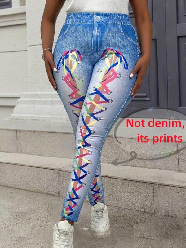 Denim-Effect Print High Waist Leggings, Casual Comfy Skinny Pants for Daily Wear, Women's Bottoms for Fall & Winter