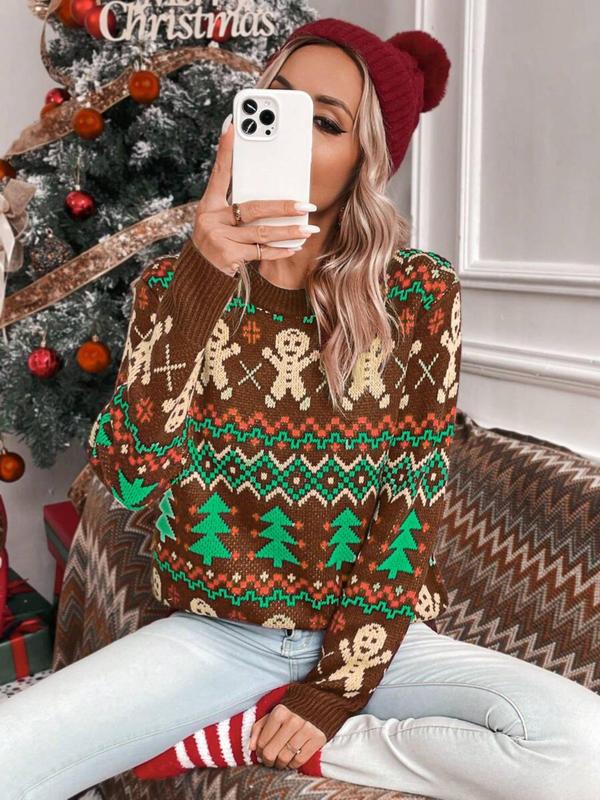 Women's All Over Christmas Tree & Gingerbread Print Sweater, Casual Long Sleeve Round Neck Jumper for Fall & Winter, Ladies' Knitwear for Daily Wear