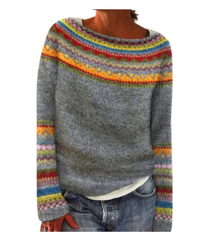 Womens Pullover Argyle Vintage Sweaters Knitted Fair Isle Print Retro Sweater Casual Loose Long Sleeve Knitted Sweater Tops for Winter Fall