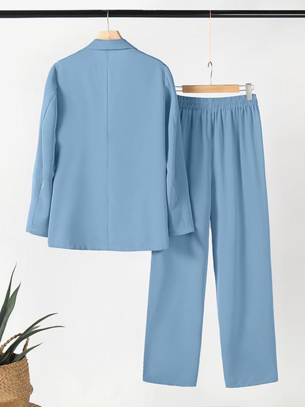 Women's Solid Double Button Lapel Neck Blazer & Pocket Pants Two-piece Set, Elegant Fashion Casual Outfits for Work Office Business, Ladies Fall & Winter Clothes