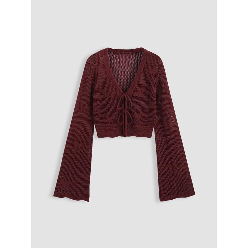 Cider [6 colors, size 2-26] Solid Hollow Out Knit Knotted Cardigan