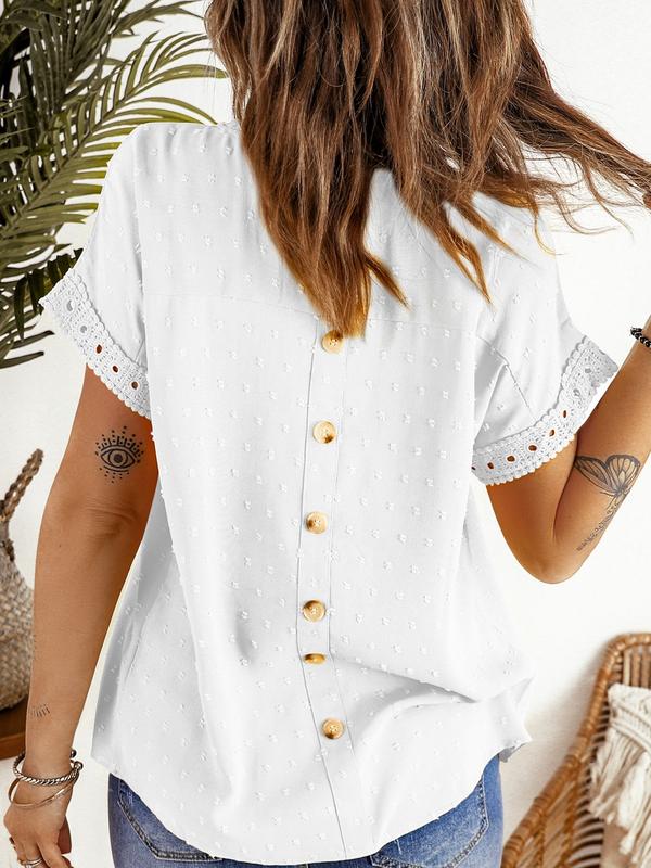 Dokotoo Womens Summer Tops Crewneck Lace Crochet Short Sleeve Shirts Casual Chiffon Blouses