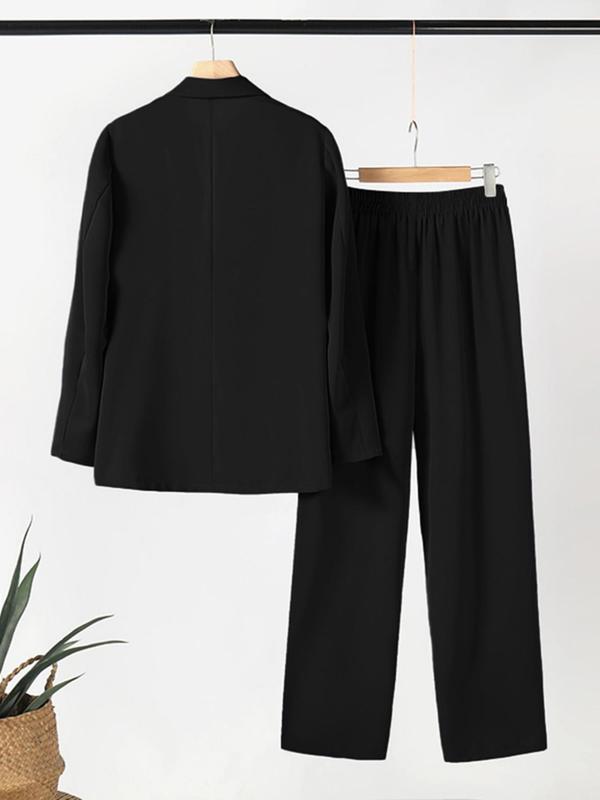 Women's Solid Double Button Lapel Neck Blazer & Pocket Pants Two-piece Set, Elegant Fashion Casual Outfits for Work Office Business, Ladies Fall & Winter Clothes