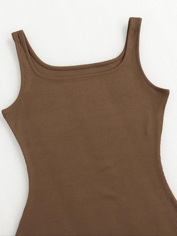Women's Solid Color Ribbed Square Neck Tank Shapewear Romper, Casual Comfy Tummy Control Thigh Slimmer Seamless Sleeveless Shaper Bodysuit for Daily Wear, Summer Wear 2024, Ladies Shapewear, Fall Wear, Earthtone Fallfreshness