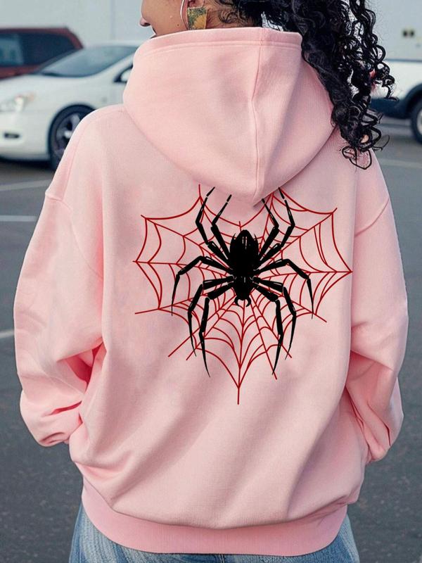 Women's Spider & Heart Print Drawstring Kangaroo Pocket Hoodie, Fashion Casual Drop Shoulder Hooded Sweatshirt for Daily Holiday Outdoor Wear, Women Clothing for Fall & Winter