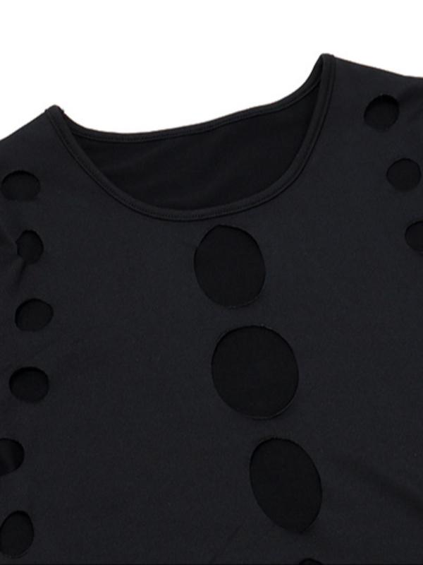 Women's Solid Hollow Out Round Neck Bodysuit, Fashion Casual Long Sleeve Bodysuit for Daily Outdoor Wear, Women Clothing for Summer